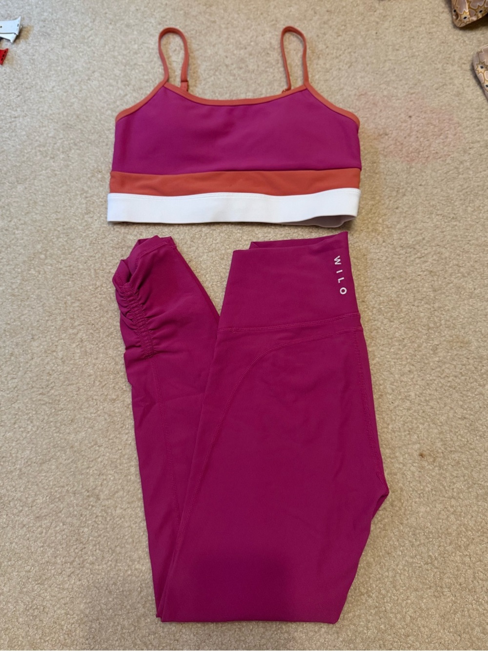 WILO Magenta Sports Bra & Leggings Set with Orange and White Trim